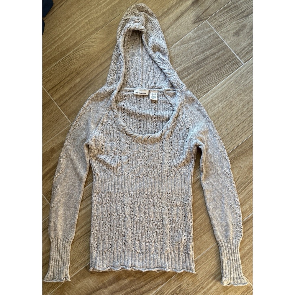 DKNY Jeans Pointelle Cable Hooded Sweater S Open Knit Rolled Neck Hem Y2K‎ Long